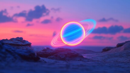 Aufkleber - Neon Cosmic Display Vibrant Alien Planet with Floating Rocks and Bioluminescent Foliage - Sci-Fi Concept Art for Futuristic Digital Design and Immersive World-Building