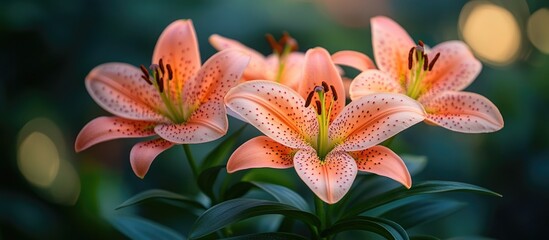Poster - Beautiful pink lilies in a soft bokeh background showcasing their vibrant petals and delicate features in a serene garden setting.