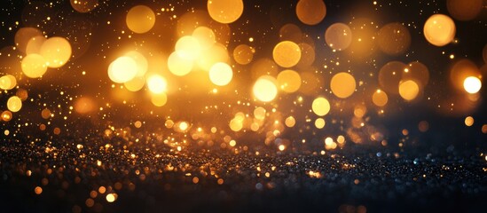 Poster - Bokeh lights effect background with glittering particles and space for text overlay in golden and blue tones