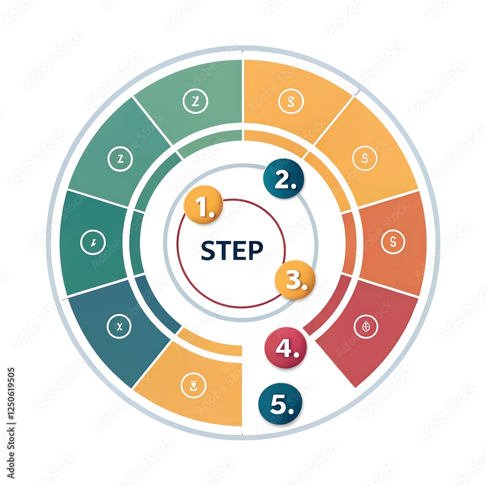 9 list of steps, layout diagram with number of sequence, circular ...