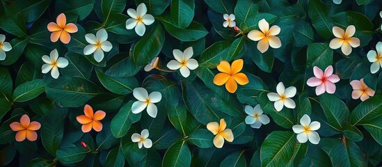 Poster - Vibrant Plumeria flowers surrounded by lush green foliage creating a tropical and serene background suitable for various designs.