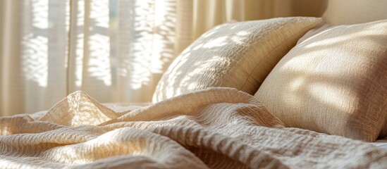 Poster - Cozy bedroom scene featuring soft bed linens and pillows illuminated by natural light through sheer curtains