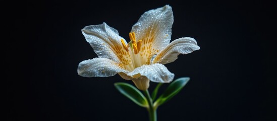Poster - Delicate white flower with yellow stamens viewed from below against a dark background showcasing its beauty and intricate details.