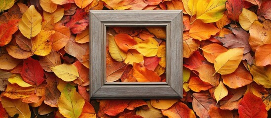 Poster - Autumn leaves surrounding a picture frame top view showcasing seasonal sale with empty space for promotional text or advertisement.