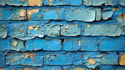 Poster - Worn Blue Brick Wall with Peeling Paint Texture Rustic Background for Design and Illustration