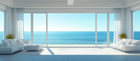 Poster - Minimalist coastal living room with serene ocean view and ample empty space for text or branding elements