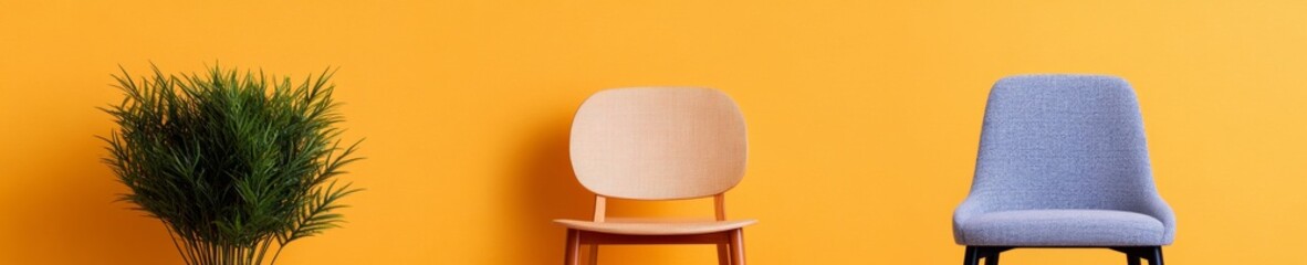 Poster - Colorful Contemporary Seating Textured Fabric Chairs and Vibrant Orange Background - Modern Office Design and Creative Workspace Aesthetics for Enhanced Productivity