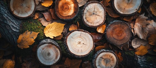 Poster - Wooden tree stump slices surrounded by fallen autumn leaves in a forest setting showcasing natural textures and colors.