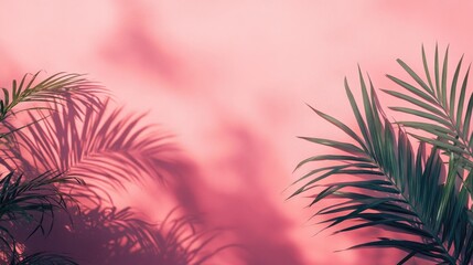 Poster - Tropical Leaf Shadows on Soft Pink Wall Creating a Serene and Vibrant Atmosphere for Background or Interior Design Concepts
