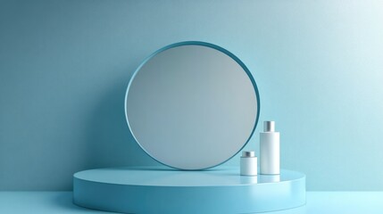 Poster - Minimalist Podium Showcasing Beauty Products with Circular Mirror and Soft Blue Background