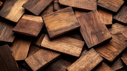 Poster - Close up of a textured pile of brown wood parquet pieces showcasing natural grain patterns and varying shades of wood.