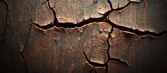 Poster - Cracked Plywood Surface Abstract Dark Wood Background with Textured Patterns and Natural Flaws
