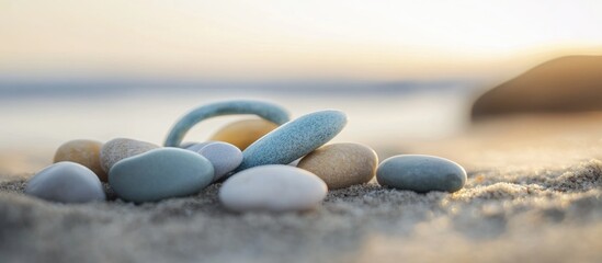 Poster - Colorful assortment of smooth beach stones on sandy shore with soft sunlight illuminating the scene creating a tranquil natural background.