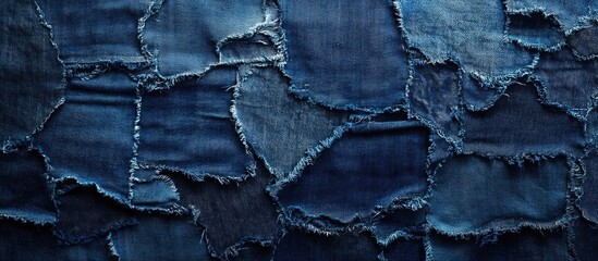 Poster - Denim texture background with various torn pieces of blue jeans creating a visually appealing fabric pattern for design use.