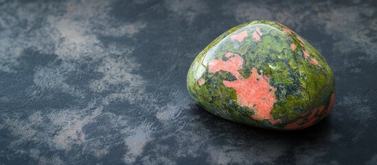 Poster - Polished unakite stone displayed on a textured black background showcasing its unique colors and patterns.