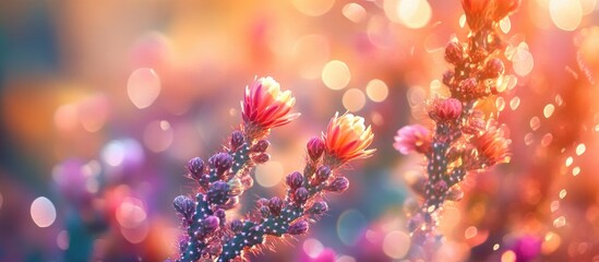 Poster - Close-up view of blooming cacti with vibrant flowers and soft bokeh background showcasing the beauty of nature in warm light.