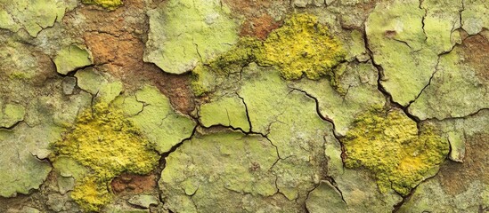Poster - Textured wall surface with peeling paint and patches of moss showcasing a blend of green and earthy tones ideal for natural backgrounds.