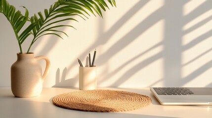 Poster - Minimalist Digital Workspace Natural Fiber Mat with Sleek Laptop and Ceramic Vase - Contemporary Business Efficiency and Remote Work Harmonization