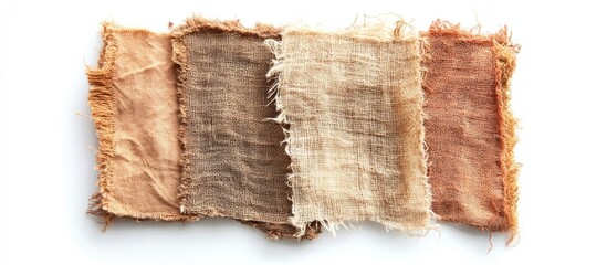 Poster - Four pieces of coarse cloth in earthy tones isolated on a white background showcasing texture and natural fabrics for design purposes.