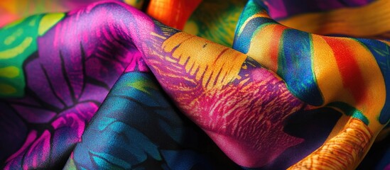 Poster - Vibrant abstract silk fabric scarf showcasing intricate textile design and colorful batik painting patterns in exquisite detail.