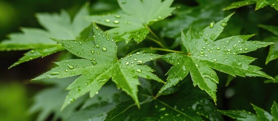 Poster - Fresh Green Leaves with Raindrops Glistening in Natural Light After a Recent Rain Shower