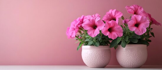 Poster - Pink Petunias in Decorative Pots against Soft Pink Wall with Space for Text in Modern Interior Design