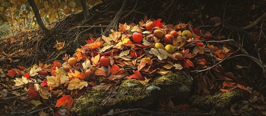 Poster - Vibrant autumn scene featuring a colorful pile of fallen leaves and fruit tree remnants in a serene forest setting