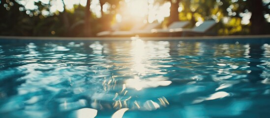 Poster - Serene pool water texture with sunlight reflections and a lush green backdrop creating a tranquil outdoor atmosphere.