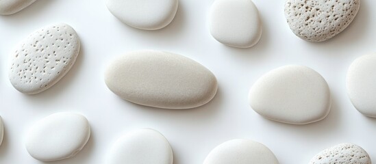 Poster - White sea stones beautifully arranged on a light background showcasing natural texture and calming aesthetics for design and decor use.