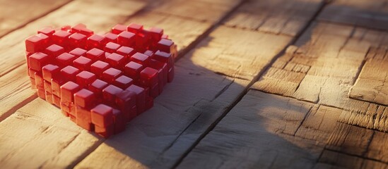 Poster - red cube heart casting heart-shaped shadow on wooden table surface in warm light creating a romantic