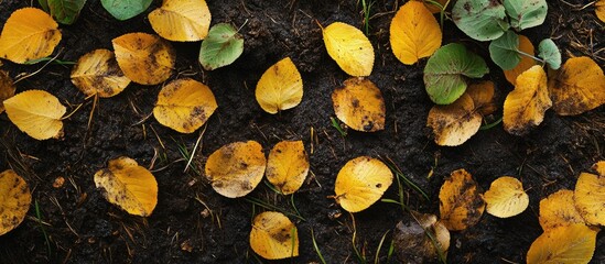 Poster - Autumn foliage on green grass showcasing a blend of yellow leaves and rich soil beneath, symbolizing the seasonal transition.
