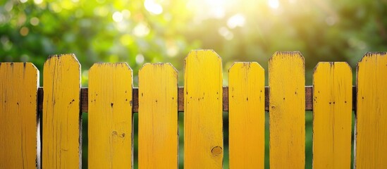 Poster - Vibrant yellow wooden fence with a natural green background illuminated by sunlight creating a cheerful outdoor ambiance