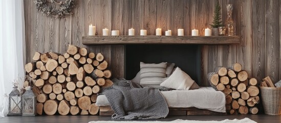 Poster - Cozy interior with neatly stacked firewood beside a rustic fireplace adorned with candles and decorative elements for a warm ambiance.