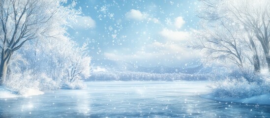 Poster - Serene winter landscape featuring frozen water, ice crystals, and snowflakes under a clear blue sky. Perfect for seasonal themes and tranquility.