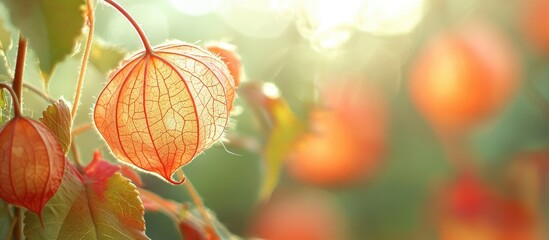 Poster - Vibrant Physalis angulata lanterns glowing in soft sunlight showcasing delicate textures and warm colors in a serene garden setting.
