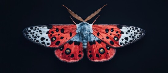 Poster - Vibrant garden tiger moth with striking red and black pattern on wings against a dark background showcasing its intricate details and beauty.