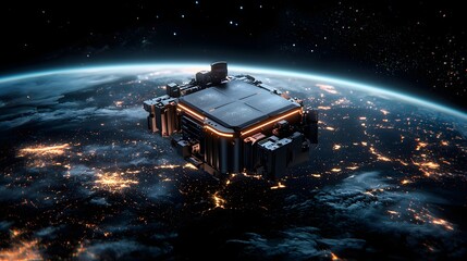 Poster - orbiting satellite casting a glow over the nighttime earth from the vastness of space showcasing the