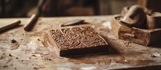 Clay tiles with intricate designs drying on a wooden workbench in an artisanal pottery studio environment.