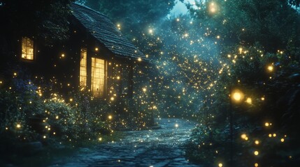 Wall Mural - a dreamy scene of tiny particles suspended in the air, creating a magical effect against the dark.