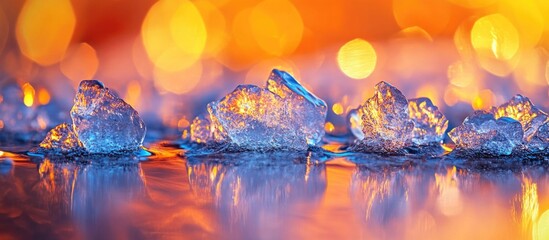 Poster - Melting crushed ice droplets reflecting warm light with shallow depth of field in a natural outdoor setting