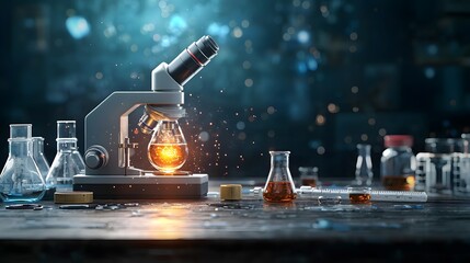 Poster - Closeup view of various illuminated scientific laboratory equipment including flasks beakers and test tubes glowing with chemical reactions and the energy of experimentation and scientific discovery