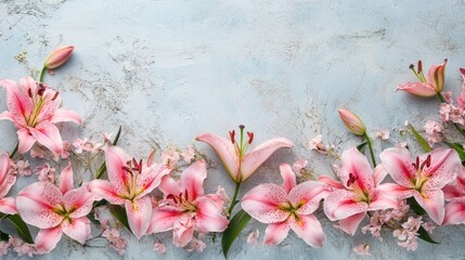 Poster - Pink Lily Flowers on Light Blue Background Natural Border with Copy Space Spring Floral Concept