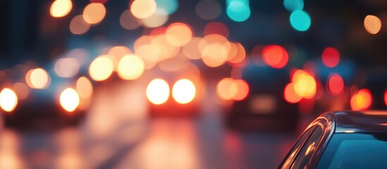 Poster - Abstract Red Bokeh Lights in Traffic with Blurred Car Lights and Soft Focus Background at Night