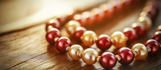 Poster - Elegant red and yellow pearl necklace draped over a vintage wooden table illuminated by soft natural light