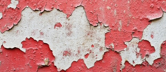 Poster - Aged red and white peeling plaster texture with abstract patterns for backgrounds in design and creative projects.
