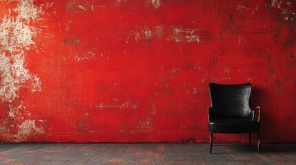 Poster - Vibrant Red Textured Wall with Black Armchair Creating a Bold and Artistic Interior Scene