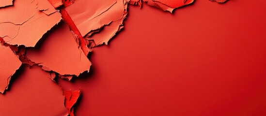 Poster - Torn paper pieces on a vibrant red background with ample copy space for creative projects or advertising needs.