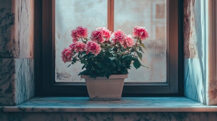 Poster - Delicate pink rose bouquet in a white pot on a marble windowsill with a soft light background