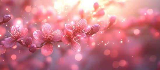 Poster - Delicate pink cherry blossom branches with soft bokeh background creating a dreamy and tranquil atmosphere in springtime.