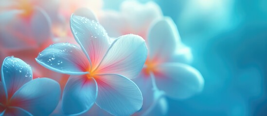 Poster - Plumeria flowers in vibrant blue background showcasing delicate petals and soft bokeh lighting highlighting their natural beauty.